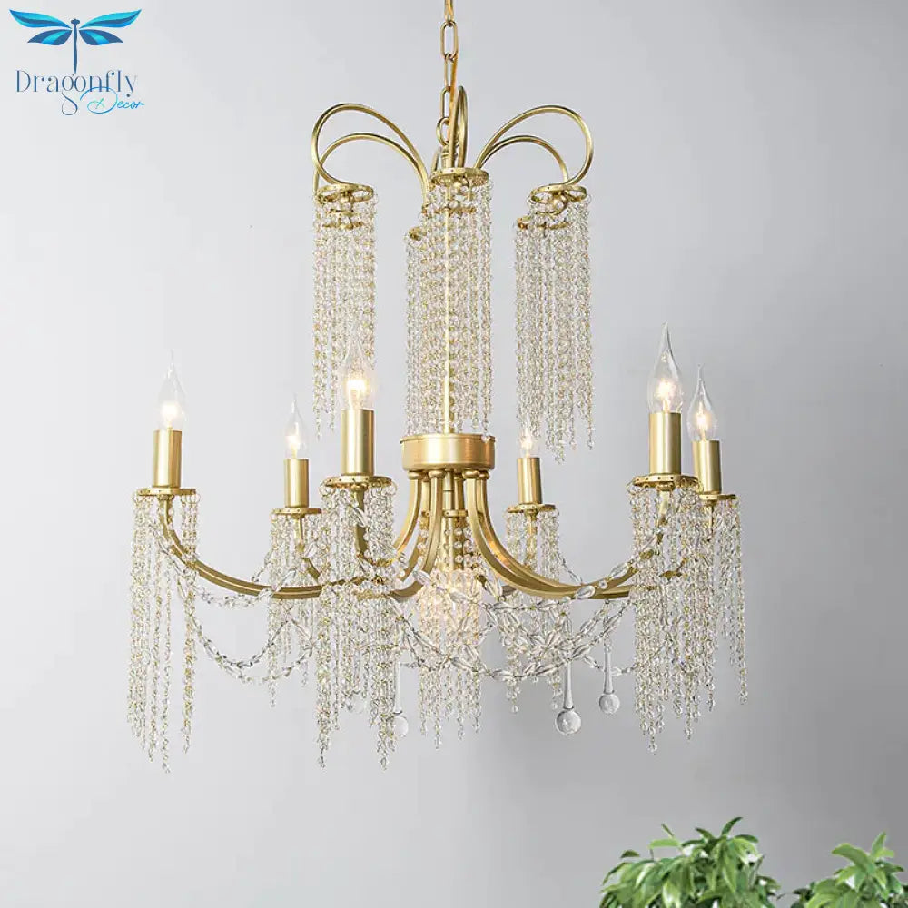 Crystal Gold Ceiling Chandelier Beaded 6/8 Lights Traditional Hanging Pendant Light For Living Room