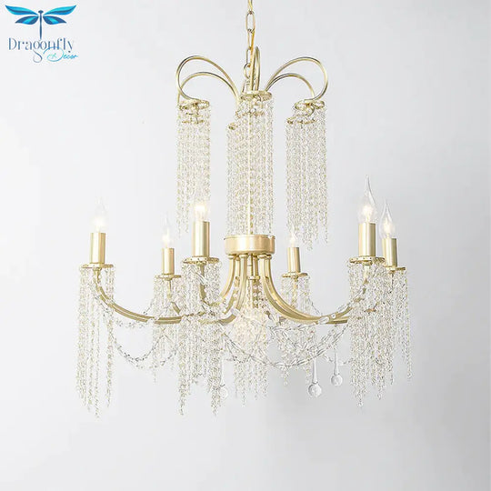 Crystal Gold Ceiling Chandelier Beaded 6/8 Lights Traditional Hanging Pendant Light For Living Room