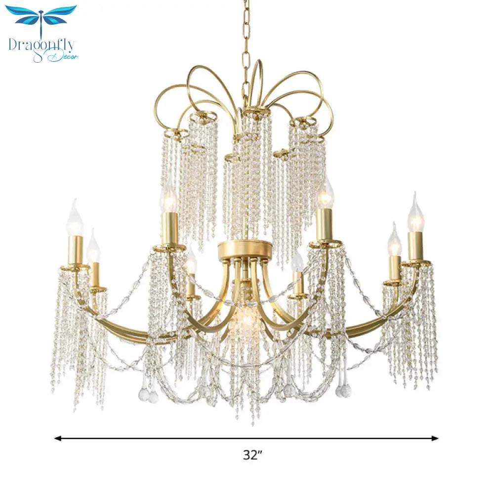 Crystal Gold Ceiling Chandelier Beaded 6/8 Lights Traditional Hanging Pendant Light For Living Room