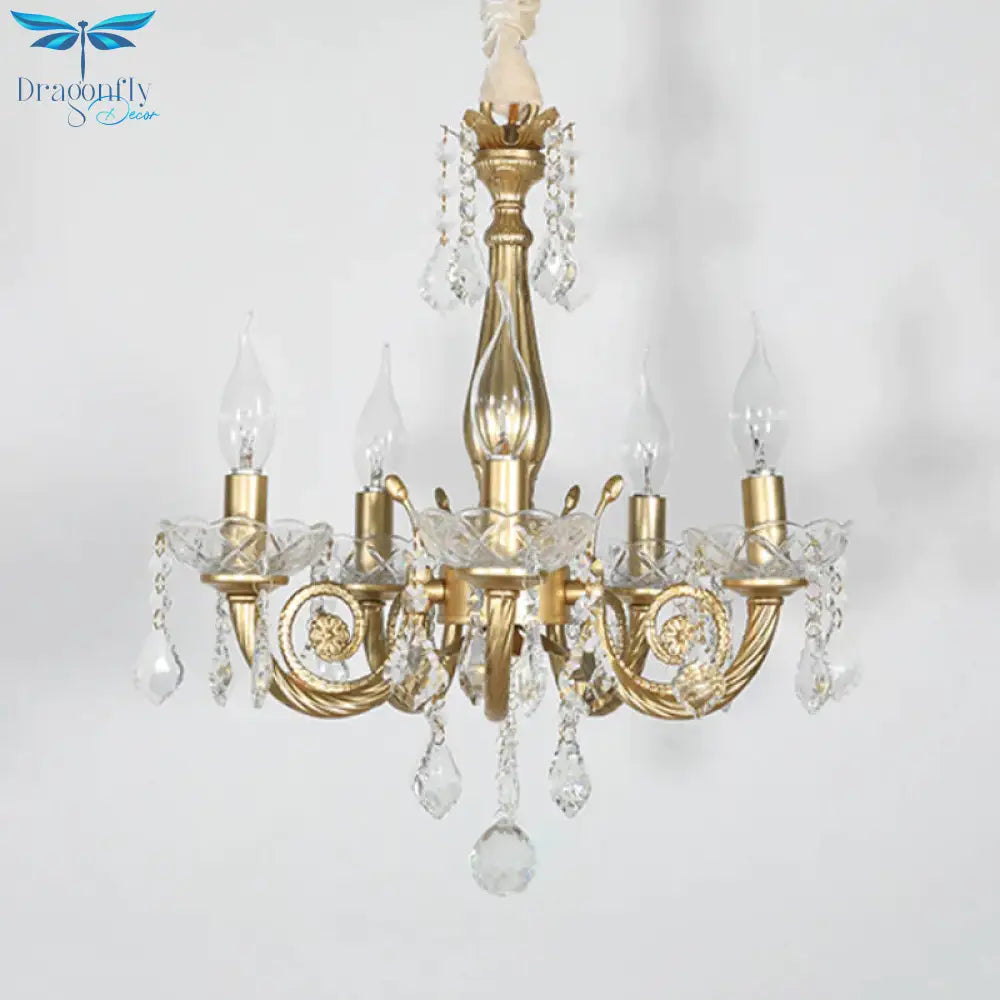 Crystal Gold Chandelier Lighting Scrolled Arm 5/6 Lights Lodge Pendant Light Fixture For Bedroom