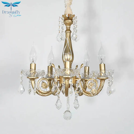 Crystal Gold Chandelier Lighting Scrolled Arm 5/6 Lights Lodge Pendant Light Fixture For Bedroom