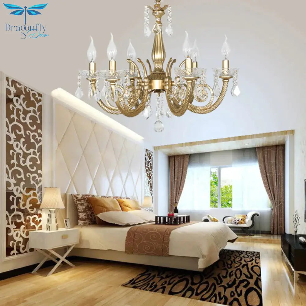 Crystal Gold Chandelier Lighting Scrolled Arm 5/6 Lights Lodge Pendant Light Fixture For Bedroom