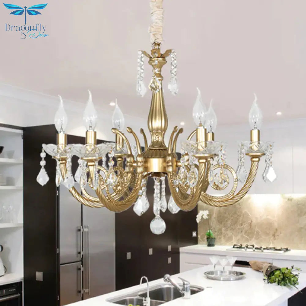 Crystal Gold Chandelier Lighting Scrolled Arm 5/6 Lights Lodge Pendant Light Fixture For Bedroom