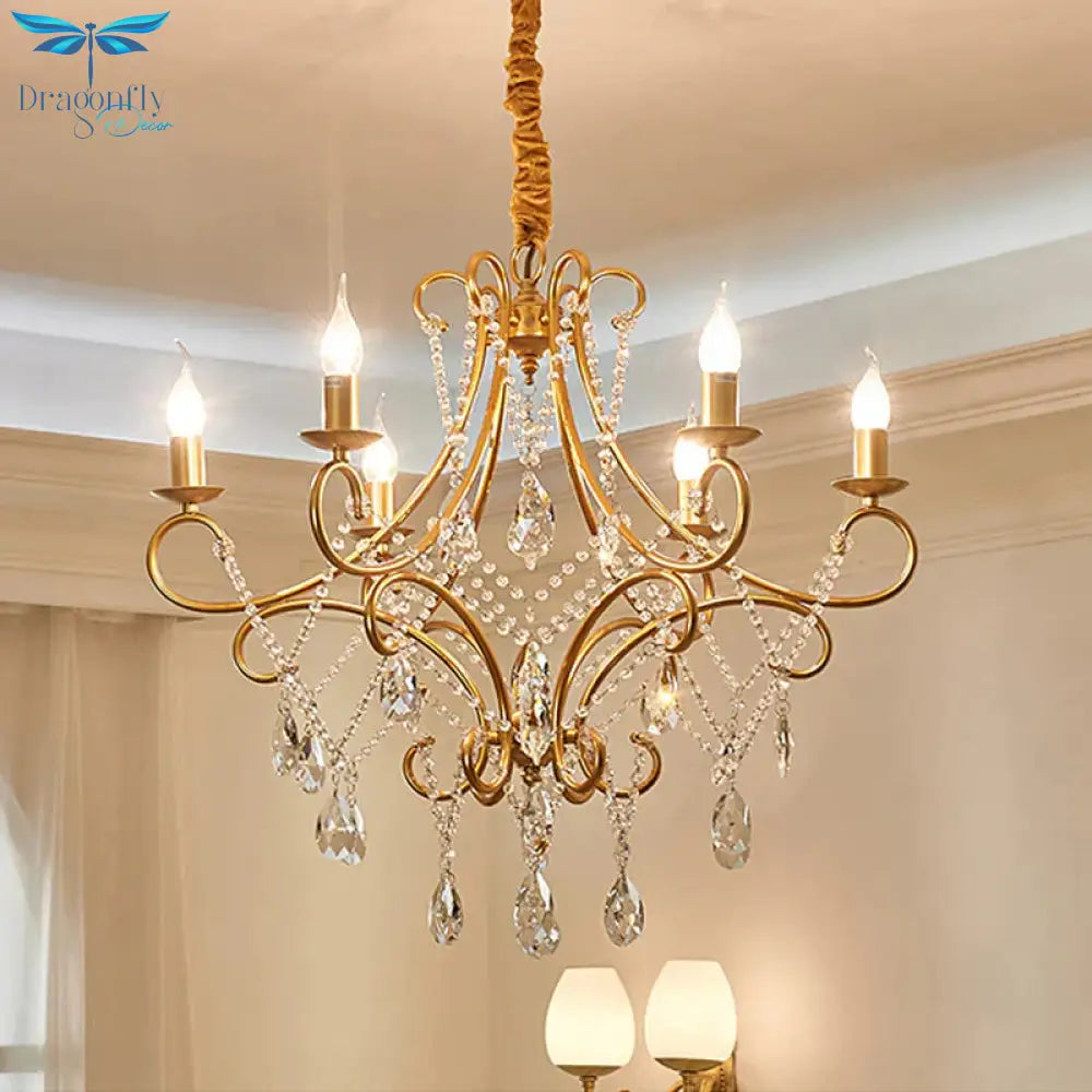 Crystal Stands Gold Suspension Lighting Raindrop 6 Heads Traditional Chandelier Light Fixture