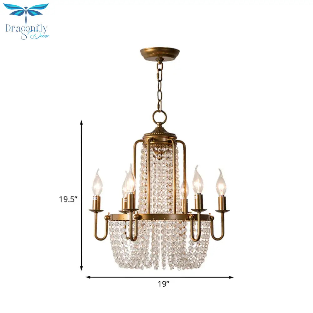 Crystal Strand Gold Chandelier Lighting Basket 6 - Light Farmhouse Candle Hanging Pendant