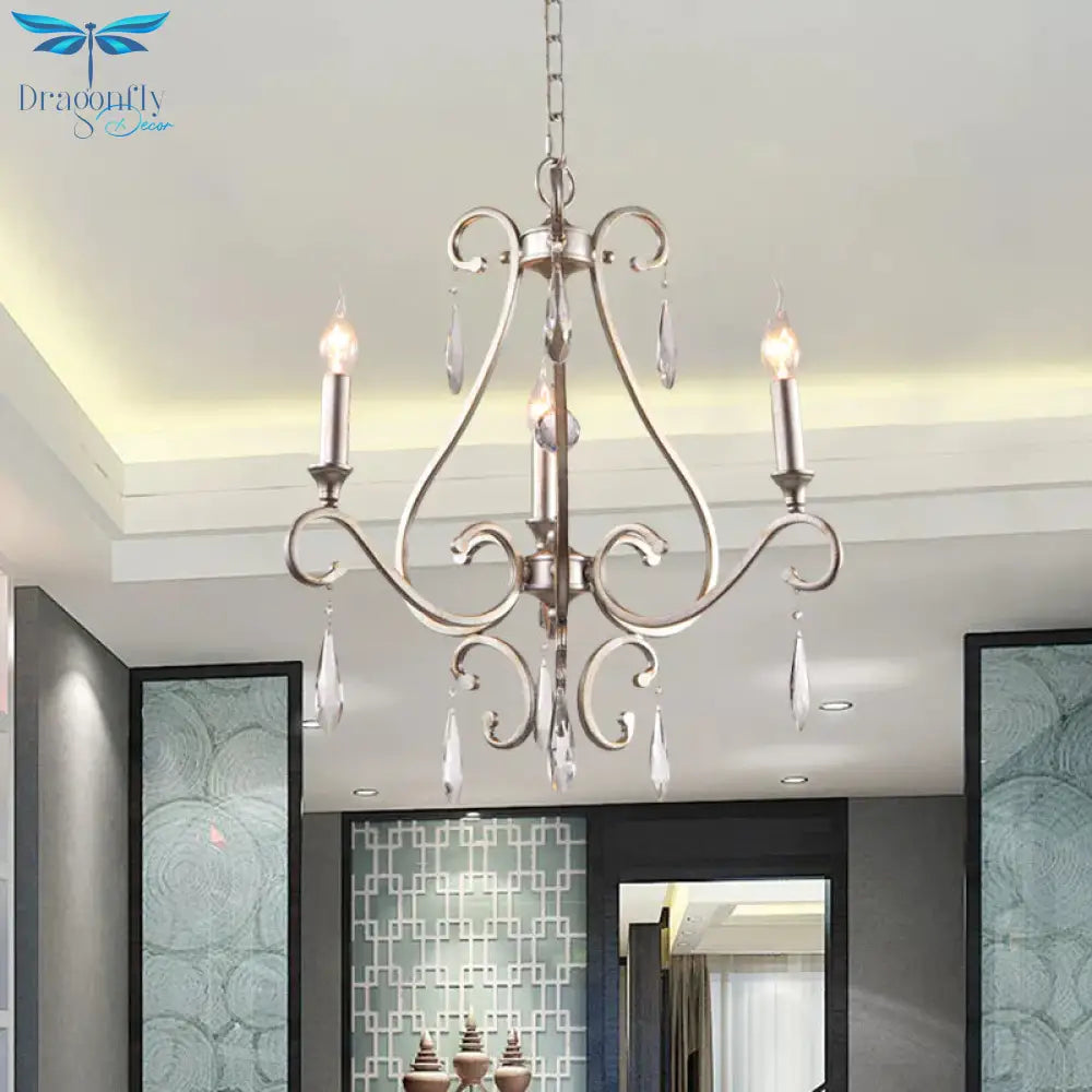 Crystal Teardrop Suspension Light Farmhouse 3 Heads Bedroom Candle Pendant Chandelier In Gold With