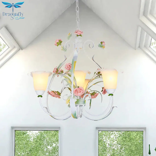 Curved Arm Kitchen Hanging Lamp Romantic Pastoral White Glass 4/7/9 Bulbs Pink Chandelier Lighting