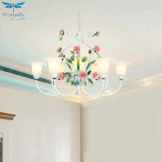 Curved Arm Kitchen Hanging Lamp Romantic Pastoral White Glass 4/7/9 Bulbs Pink Chandelier Lighting