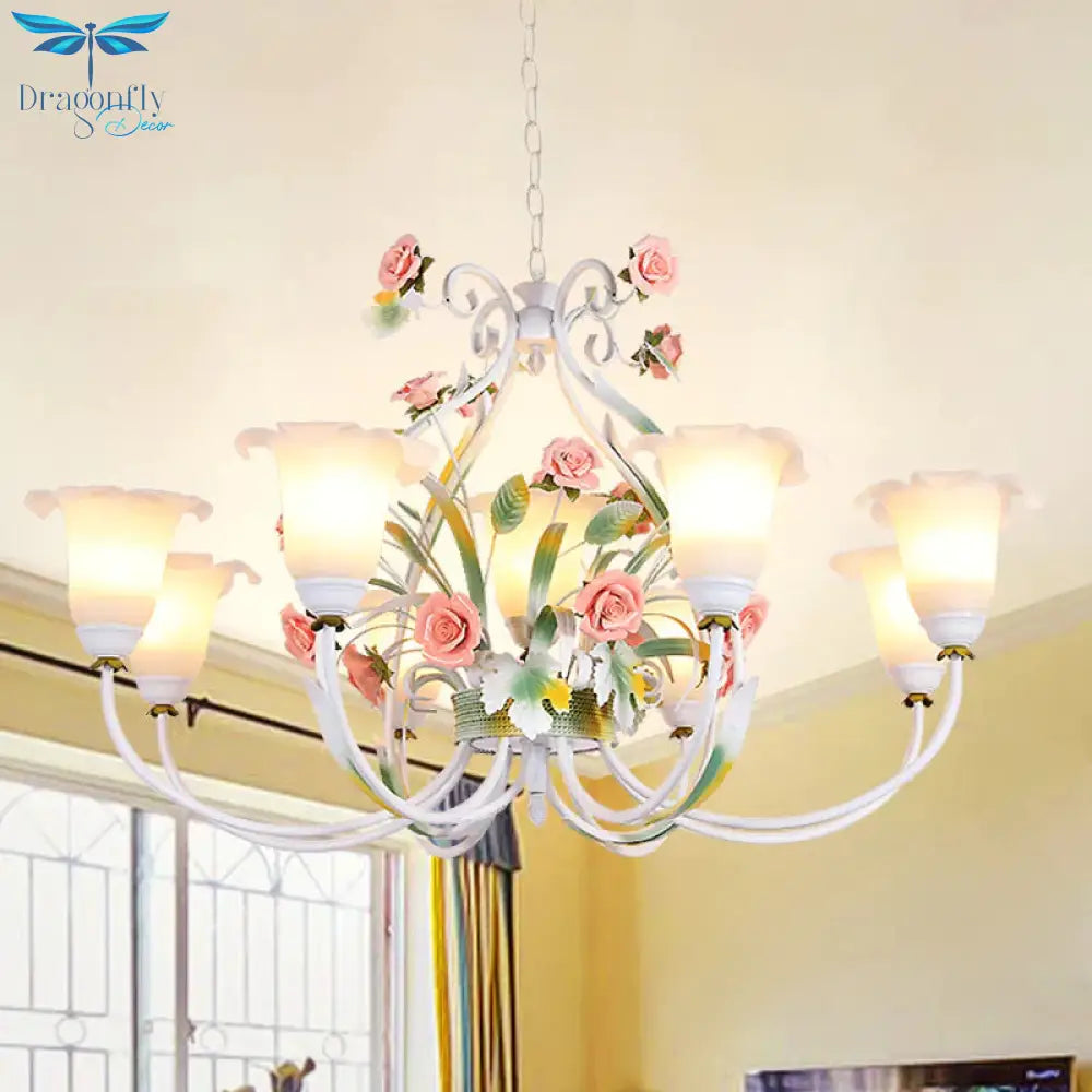 Curved Arm Kitchen Hanging Lamp Romantic Pastoral White Glass 4/7/9 Bulbs Pink Chandelier Lighting