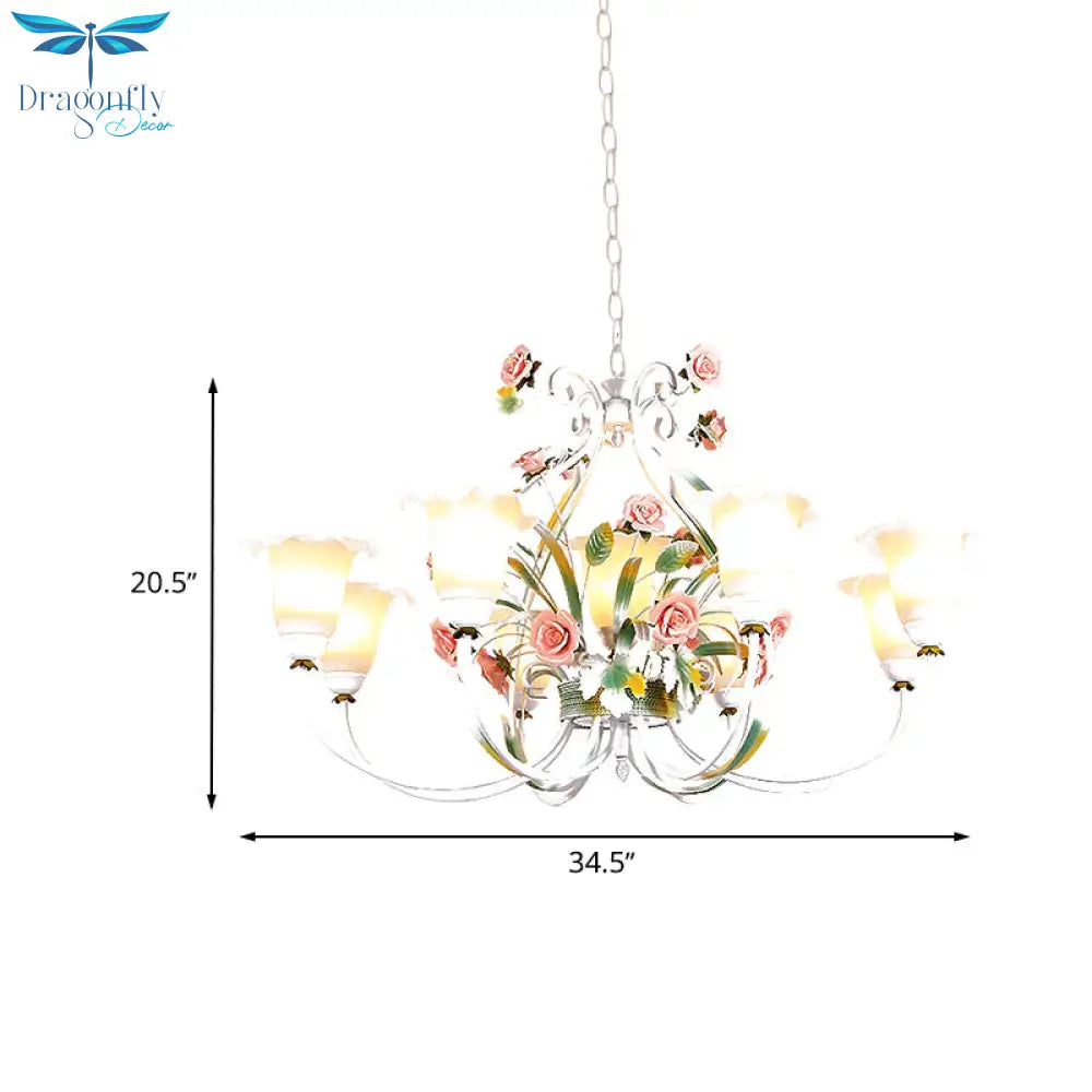 Curved Arm Kitchen Hanging Lamp Romantic Pastoral White Glass 4/7/9 Bulbs Pink Chandelier Lighting