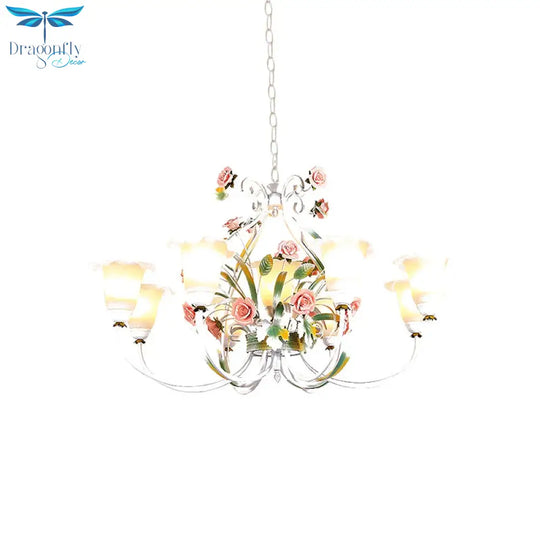 Curved Arm Kitchen Hanging Lamp Romantic Pastoral White Glass 4/7/9 Bulbs Pink Chandelier Lighting