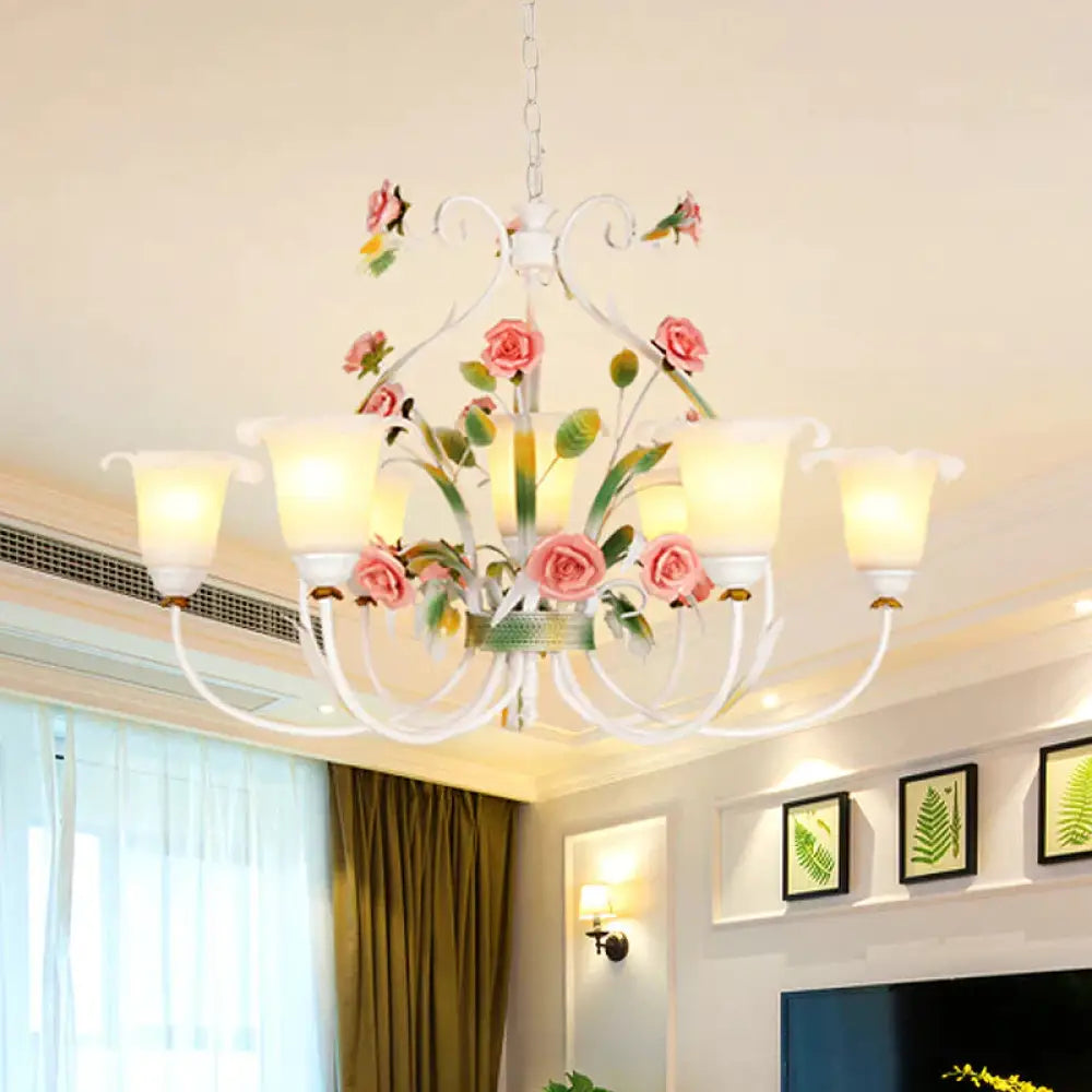 Curved Arm Kitchen Hanging Lamp Romantic Pastoral White Glass 4/7/9 Bulbs Pink Chandelier Lighting