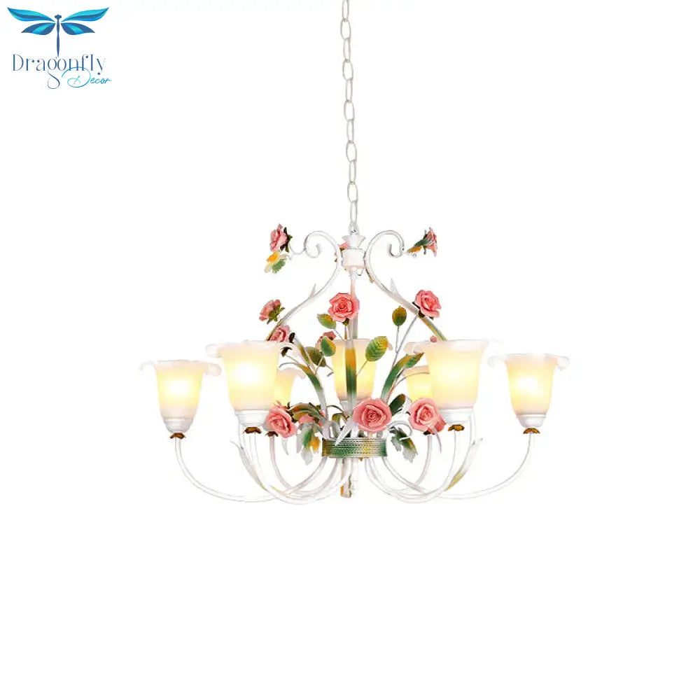 Curved Arm Kitchen Hanging Lamp Romantic Pastoral White Glass 4/7/9 Bulbs Pink Chandelier Lighting
