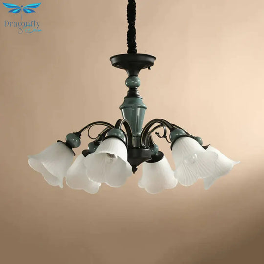 Curved Arm Living Room Pendant Lamp Country Metallic 5/6 - Bulb Black Finish Chandelier Light With