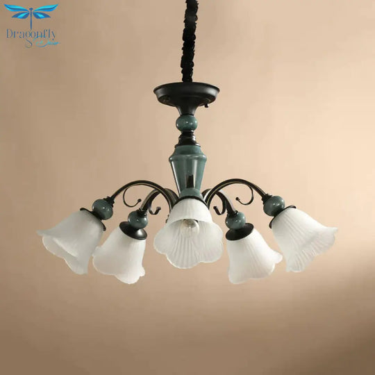 Curved Arm Living Room Pendant Lamp Country Metallic 5/6 - Bulb Black Finish Chandelier Light With