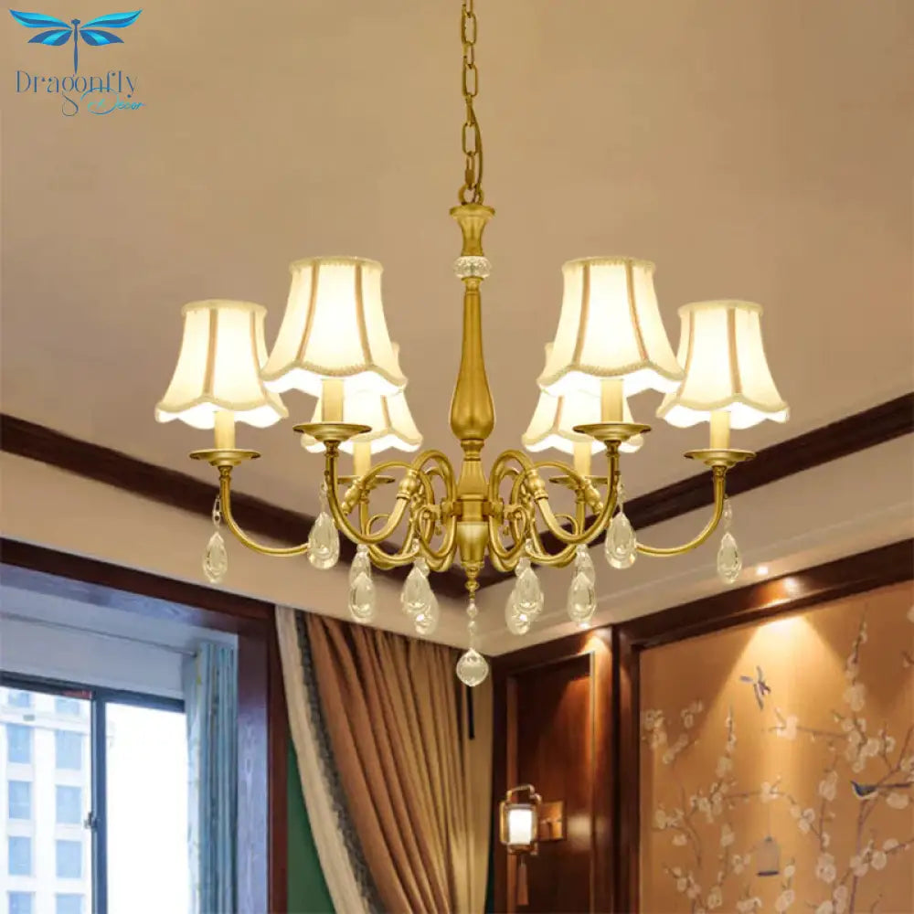 Curved Arm Living Room Pendant Vintage Metal 6 - Head Brass Chandelier Light Fixture With Scalloped