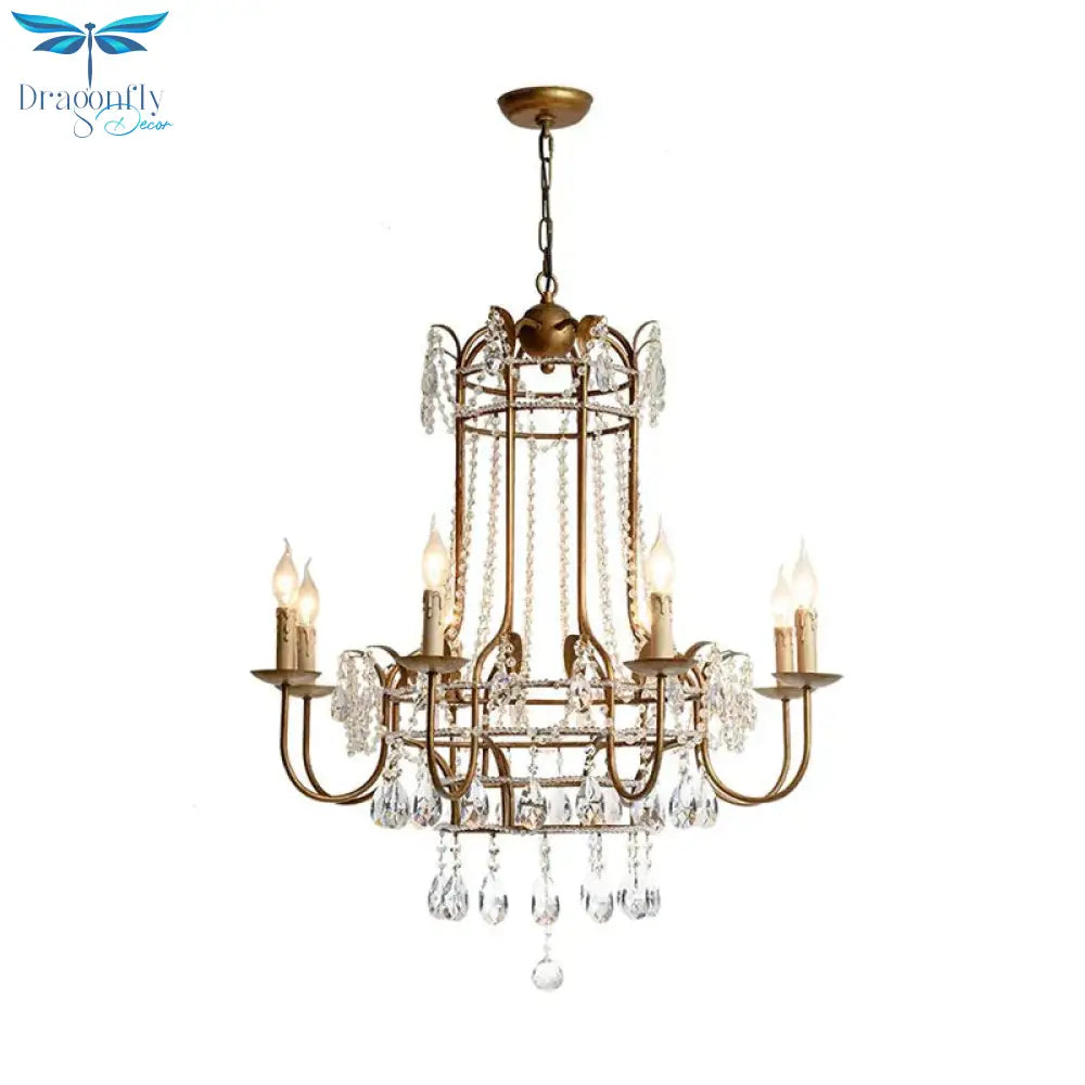 Curved Arm Metal Chandelier Lamp Traditionary 6 Heads Brass Hanging Pendant Light With Clear