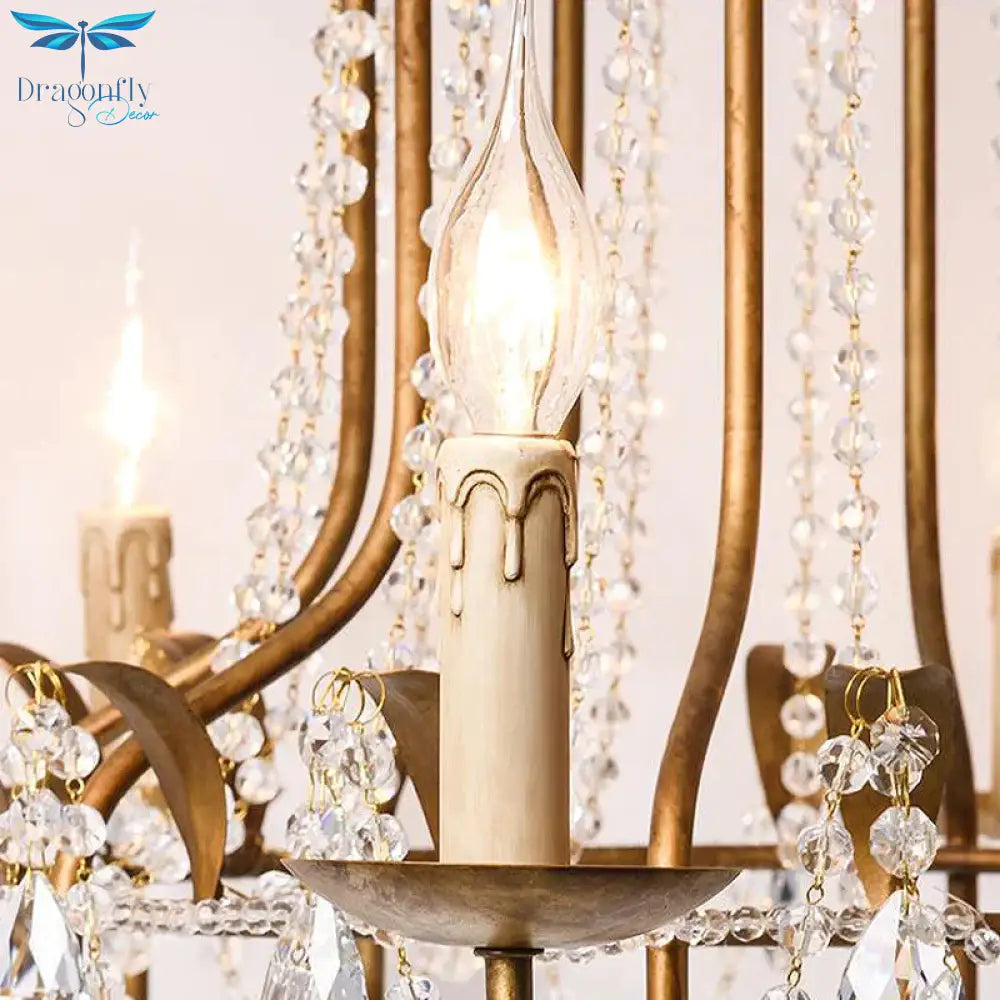 Curved Arm Metal Chandelier Lamp Traditionary 6 Heads Brass Hanging Pendant Light With Clear
