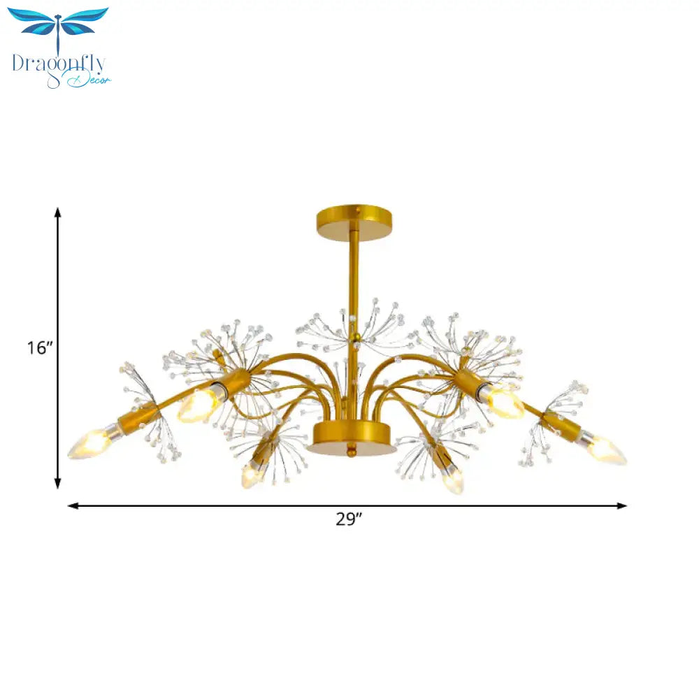 Curved Arm Metal Chandelier Light Traditional 6 Lights Living Room Hanging Lamp With Clear/Cream