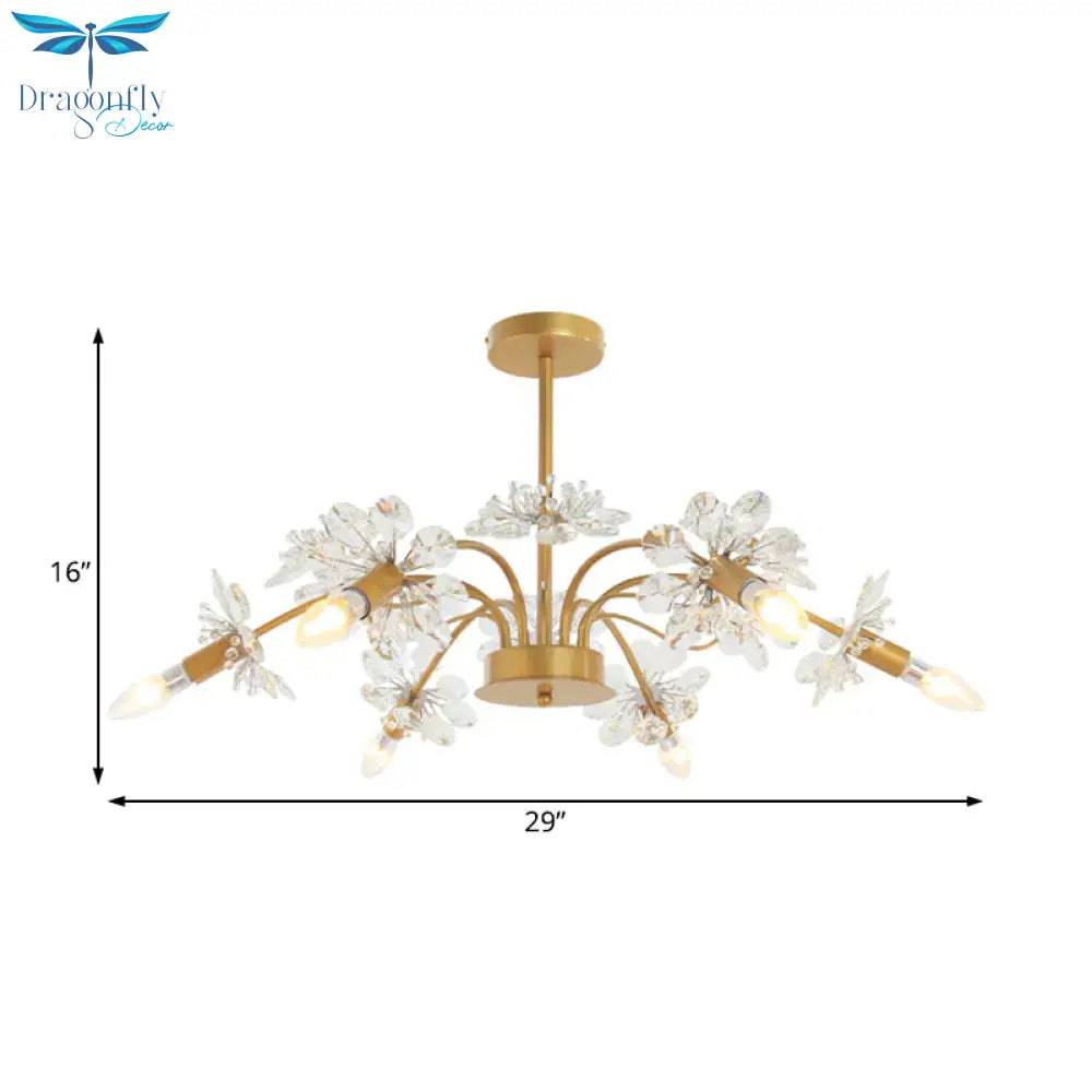 Curved Arm Metal Chandelier Light Traditional 6 Lights Living Room Hanging Lamp With Clear/Cream