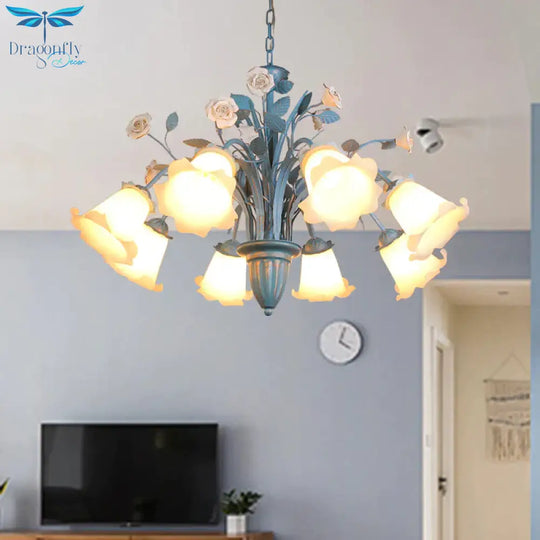 Curving Arm Opal Glass Chandelier Pastoral 3/5/6 Bulbs Living Room Flower Pendant Lighting Fixture