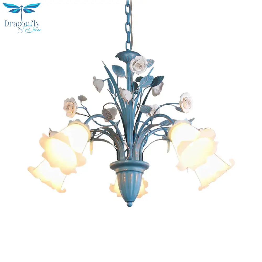Curving Arm Opal Glass Chandelier Pastoral 3/5/6 Bulbs Living Room Flower Pendant Lighting Fixture