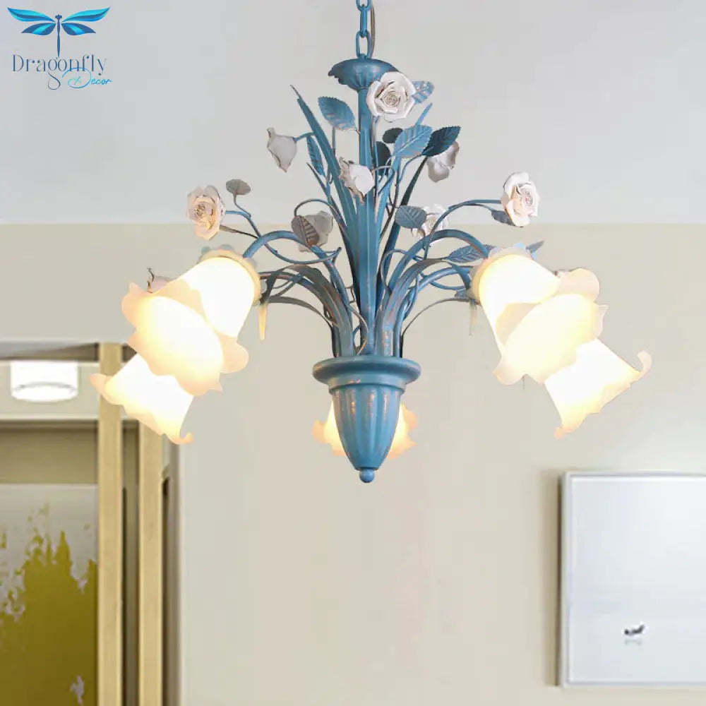 Curving Arm Opal Glass Chandelier Pastoral 3/5/6 Bulbs Living Room Flower Pendant Lighting Fixture