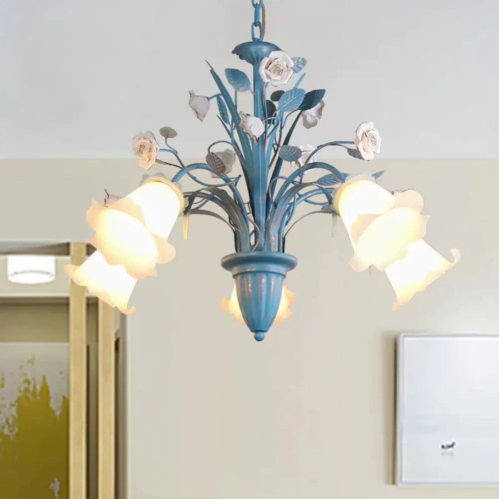Curving Arm Opal Glass Chandelier Pastoral 3/5/6 Bulbs Living Room Flower Pendant Lighting Fixture