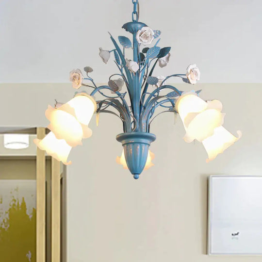 Curving Arm Opal Glass Chandelier Pastoral 3/5/6 Bulbs Living Room Flower Pendant Lighting Fixture