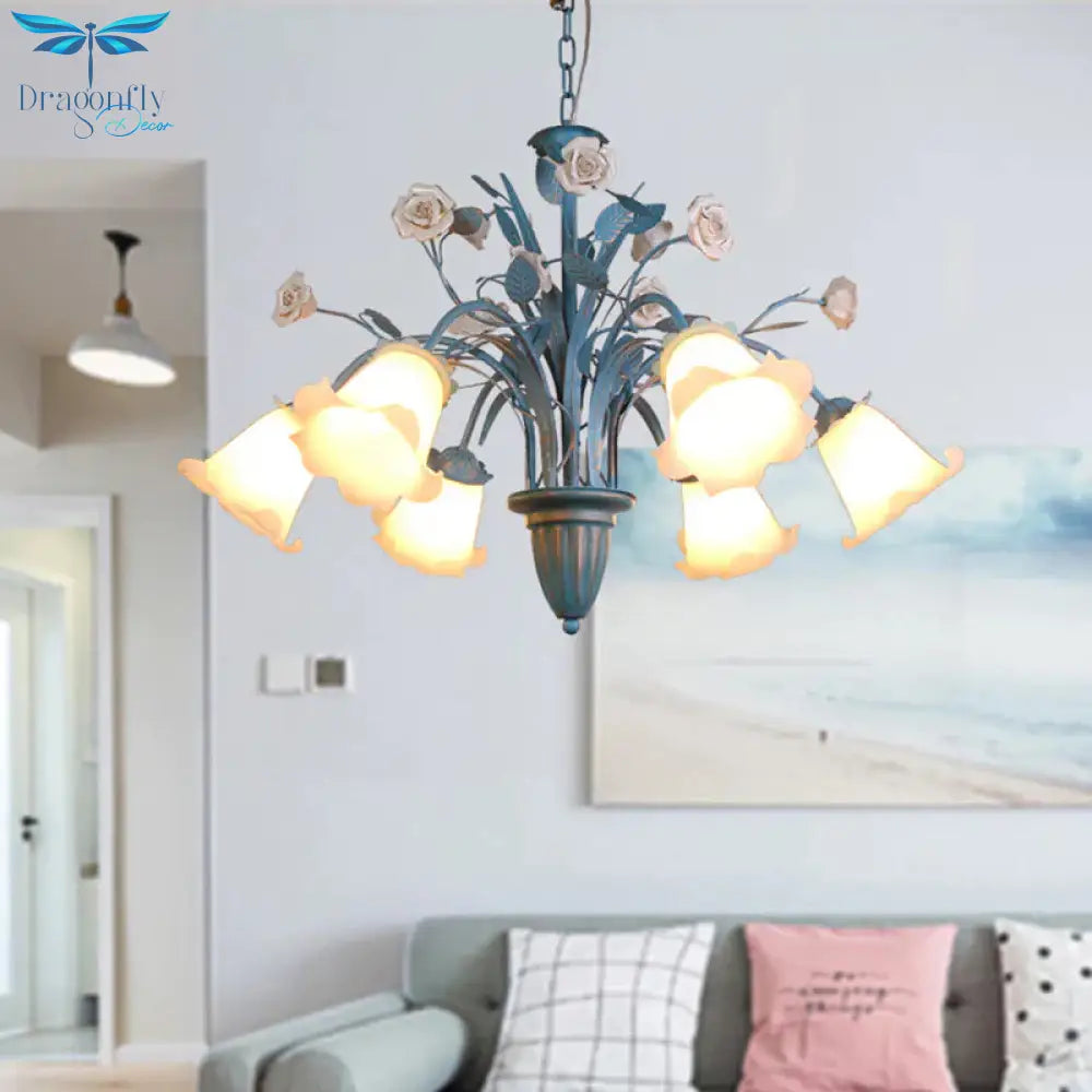 Curving Arm Opal Glass Chandelier Pastoral 3/5/6 Bulbs Living Room Flower Pendant Lighting Fixture