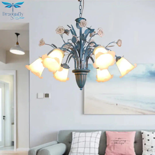 Curving Arm Opal Glass Chandelier Pastoral 3/5/6 Bulbs Living Room Flower Pendant Lighting Fixture
