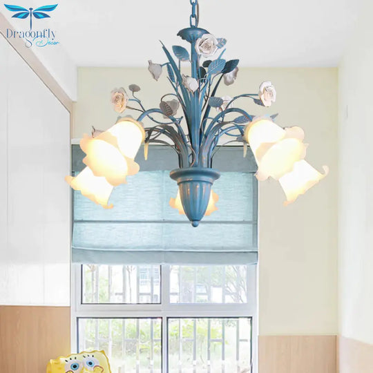 Curving Arm Opal Glass Chandelier Pastoral 3/5/6 Bulbs Living Room Flower Pendant Lighting Fixture