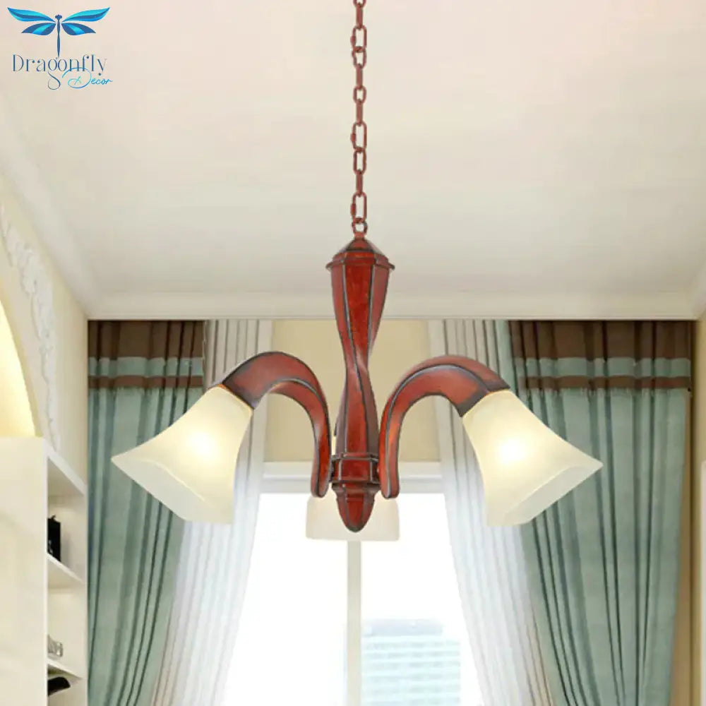 Curving Dining Room Suspension Light Traditional Wood 3 - Light Brown Chandelier With Square Flare
