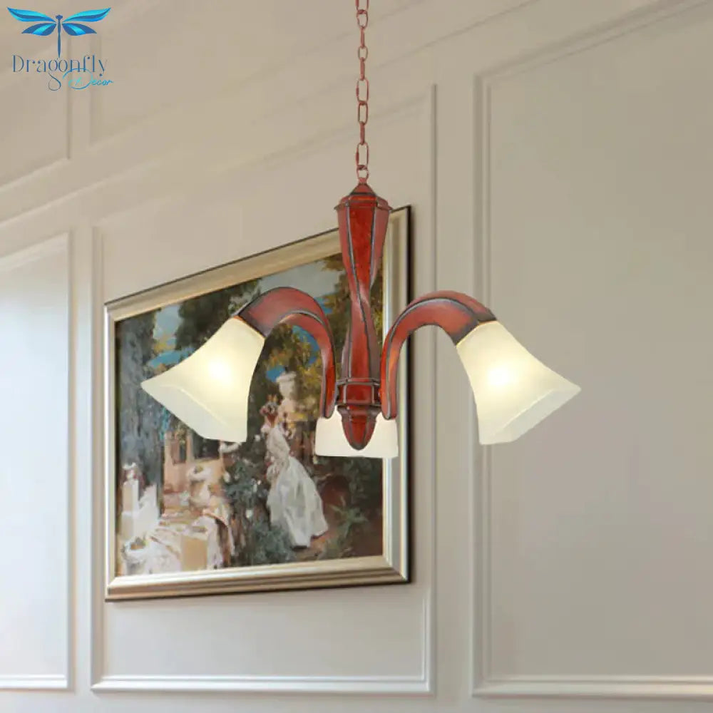 Curving Dining Room Suspension Light Traditional Wood 3 - Light Brown Chandelier With Square Flare