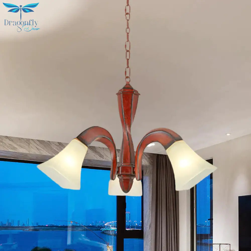 Curving Dining Room Suspension Light Traditional Wood 3 - Light Brown Chandelier With Square Flare