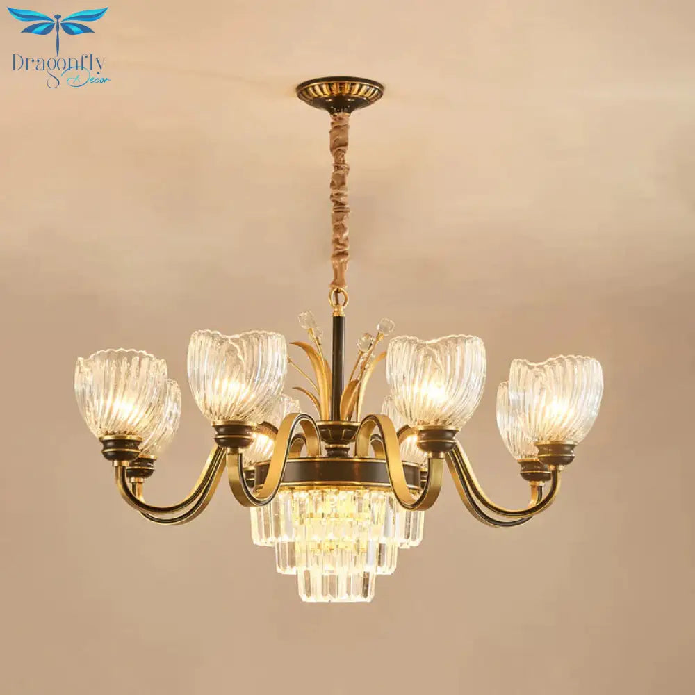 Curvy Arm Living Room Chandelier Classic Clear Prismatic Glass 8 - Light Gold Pendant Lighting