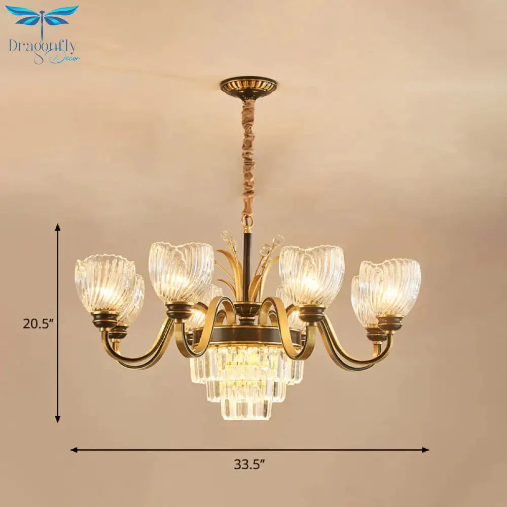 Curvy Arm Living Room Chandelier Classic Clear Prismatic Glass 8 - Light Gold Pendant Lighting