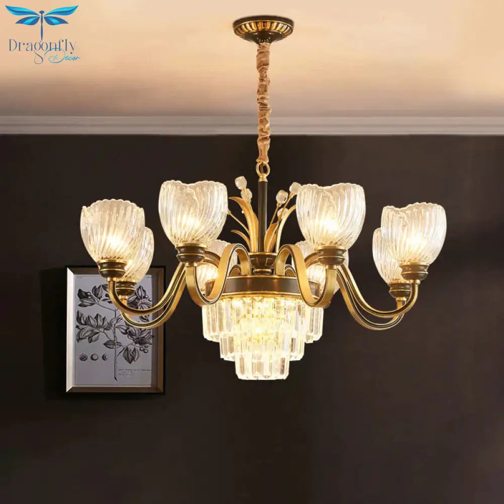 Curvy Arm Living Room Chandelier Classic Clear Prismatic Glass 8 - Light Gold Pendant Lighting