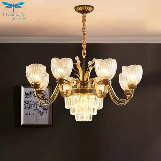Curvy Arm Living Room Chandelier Classic Clear Prismatic Glass 8 - Light Gold Pendant Lighting