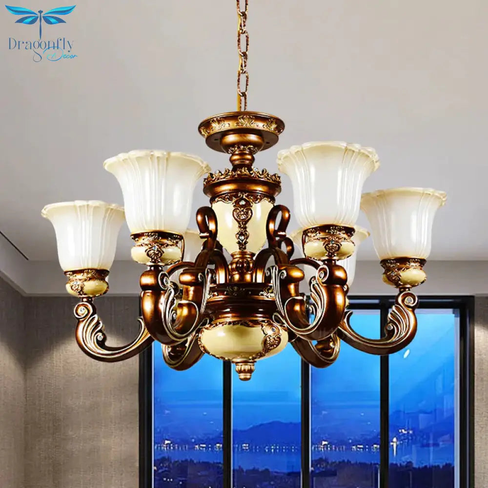 Curvy Arm Living Room Suspension Lighting Antiqued Metallic 6/8 Heads Brown Pendant Chandelier