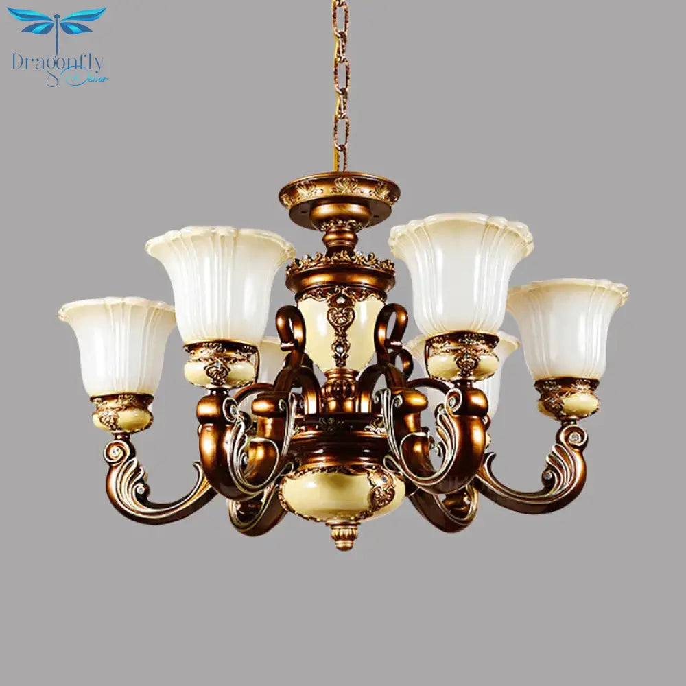 Curvy Arm Living Room Suspension Lighting Antiqued Metallic 6/8 Heads Brown Pendant Chandelier