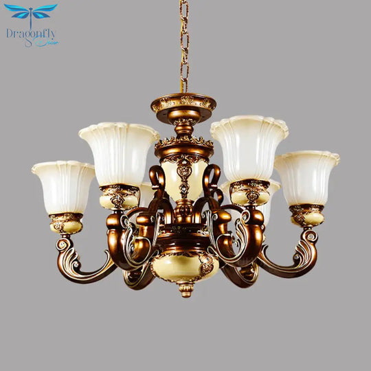 Curvy Arm Living Room Suspension Lighting Antiqued Metallic 6/8 Heads Brown Pendant Chandelier