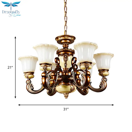 Curvy Arm Living Room Suspension Lighting Antiqued Metallic 6/8 Heads Brown Pendant Chandelier