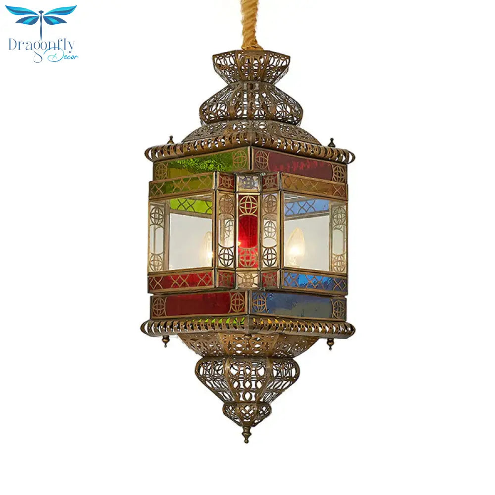 Cut Glass Lantern Drop Pendant Country Style 3 Heads Bedroom Chandelier Lamp In Brass