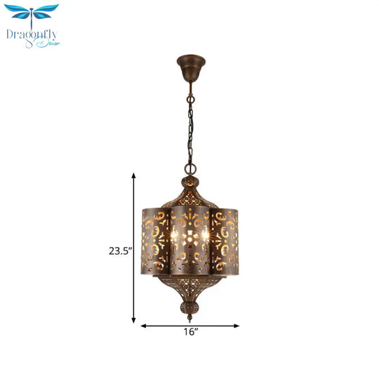Cutout Metal Pendant Chandelier Arabian 6 Bulbs Restaurant Hanging Light Fixture In Brass