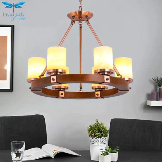 Cylinder Bedroom Chandelier Light Fixture Rustic White Glass 4/6 Lights Copper Ceiling
