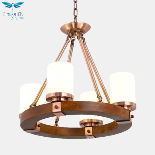 Cylinder Bedroom Chandelier Light Fixture Rustic White Glass 4/6 Lights Copper Ceiling