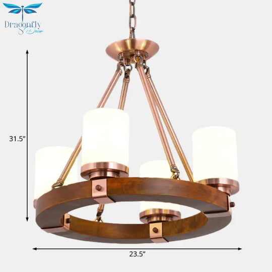 Cylinder Bedroom Chandelier Light Fixture Rustic White Glass 4/6 Lights Copper Ceiling