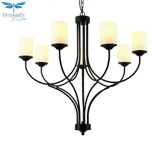 Cylinder Bedroom Pendant Chandelier Traditional Opal Glass 7 Lights Black Hanging Fixture