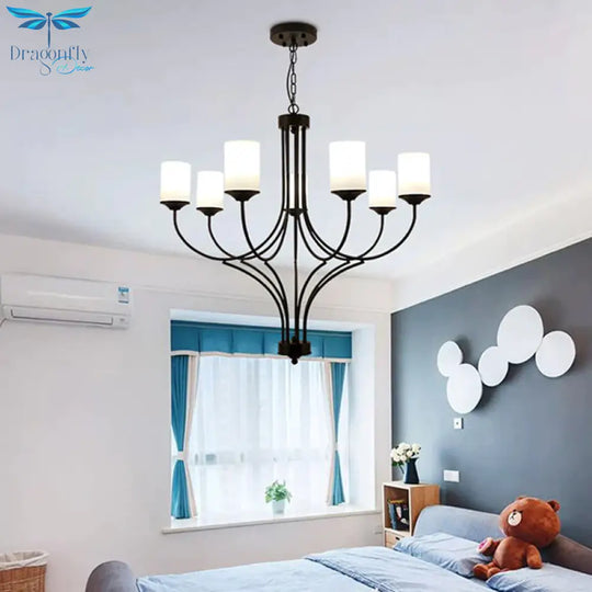 Cylinder Bedroom Pendant Chandelier Traditional Opal Glass 7 Lights Black Hanging Fixture